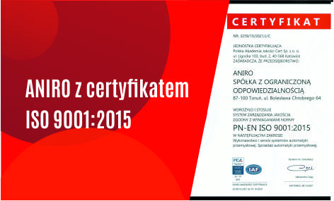 ANIRO z certyfikatem Systemu Zarządzania Jakością ISO 9001:2015