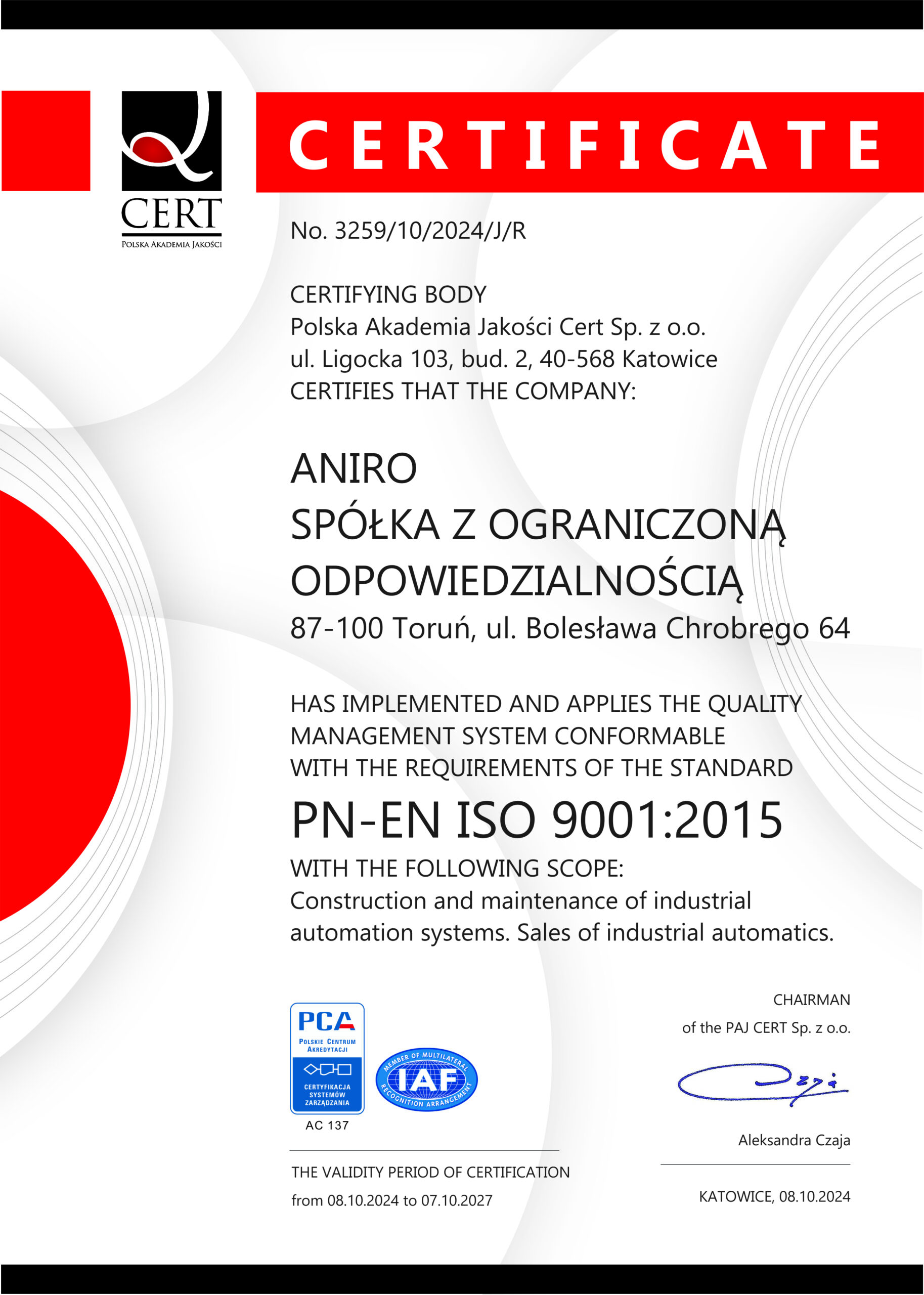 ANIRO z kolejnym potwierdzeniem wysokich standardów – Certyfikat PN-EN ISO 9001:2015