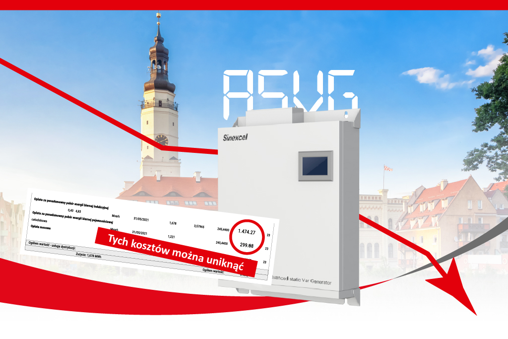 Kompensator ASVG – redukcja kosztów mocy biernej w samorządach Kompensator mocy biernej ASVG Sinexcel na tle ratusza; czerwone strzałki i fragment faktury obrazują spadek opłat w gminie.