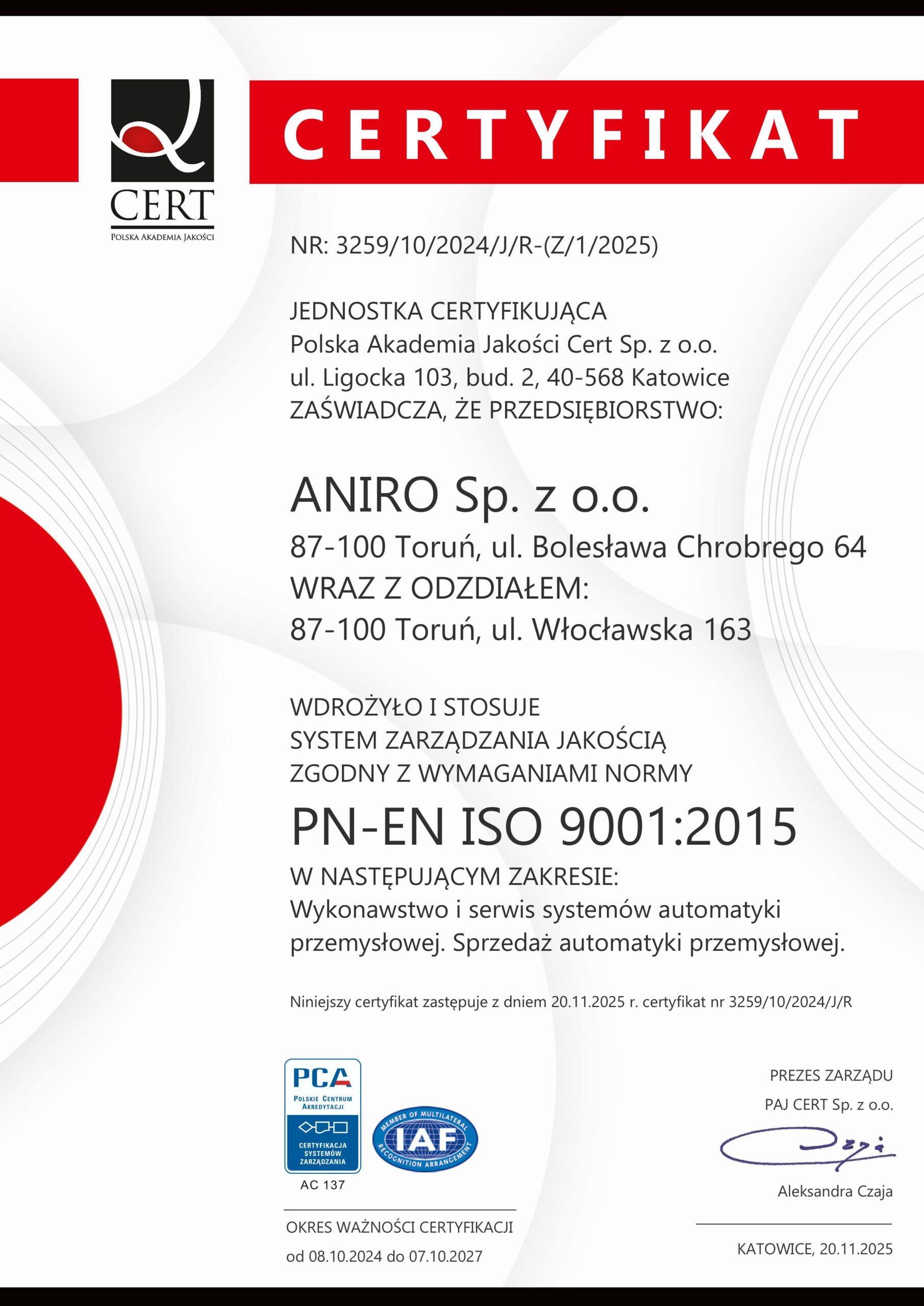 ANIRO ponownie potwierdza najwyższe standardy jakości